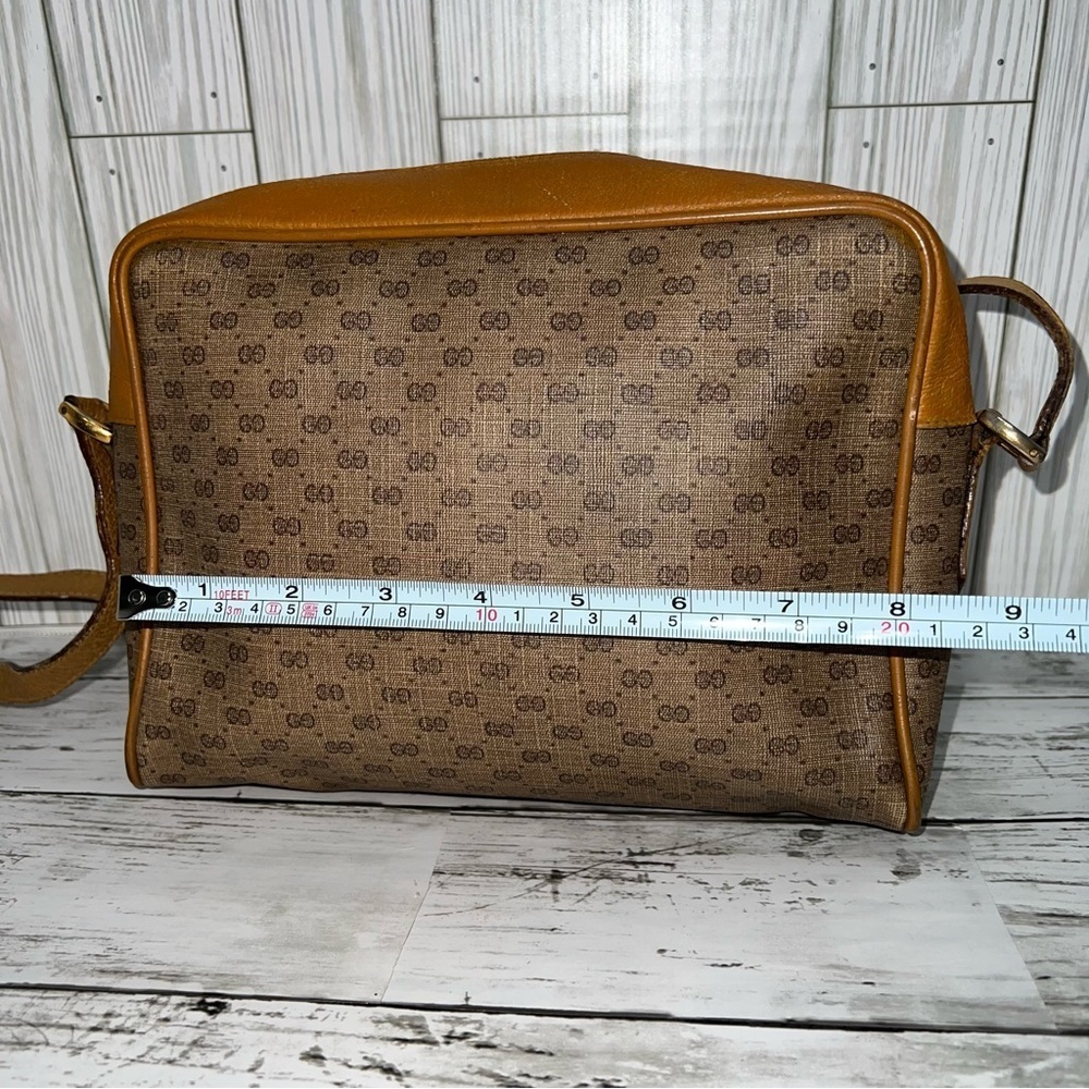 Gucci Vintage GG Monogram Canvas Crossbody Bag Brown Leather Trim Messenger - Picture 9 of 12
